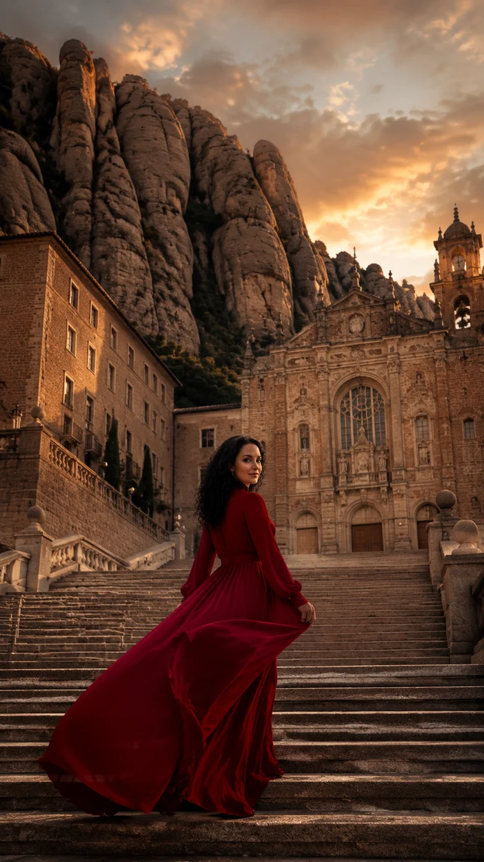 Фотосессия женщины в красном платье у монастыря Монсеррат