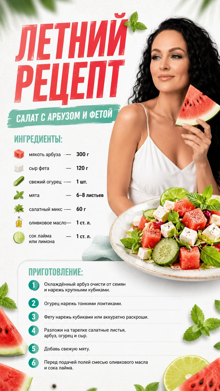 Фотосессия летнего салата с арбузом и фетой