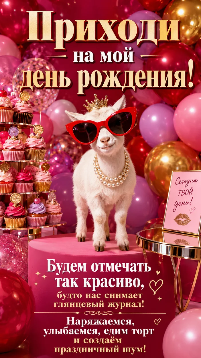 Фотосессия юмористического пригласительного с козочкой в глянцевом стиле