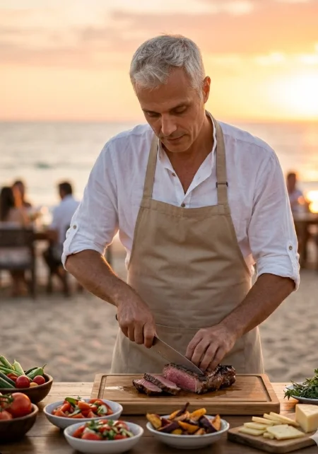 Шеф-повар на пляже на закате в белой рубашке и фартуке нарезает стейк