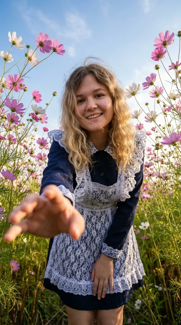 dreamy floral-съёмка среди высоких розовых космей  в школьной форме 