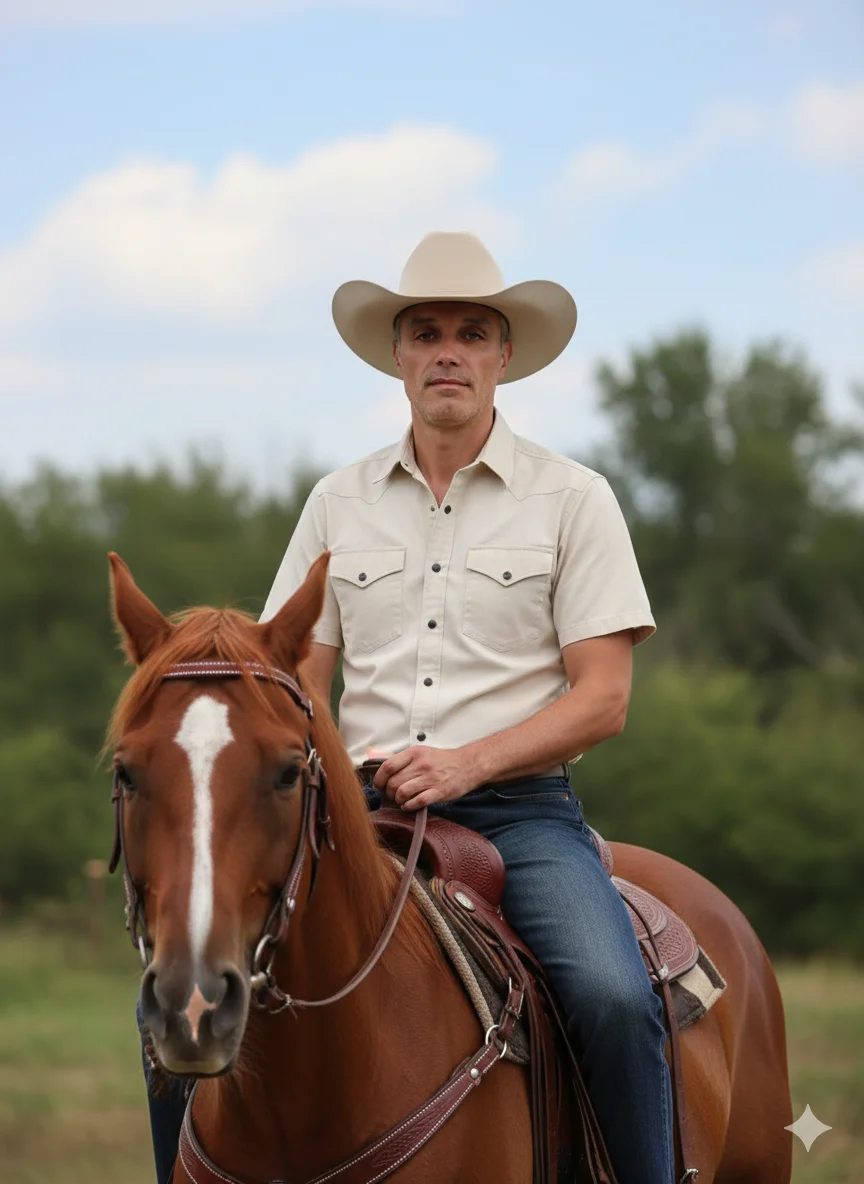 Мужчина в ковбойской шляпе верхом на лошади в светлой рубашке