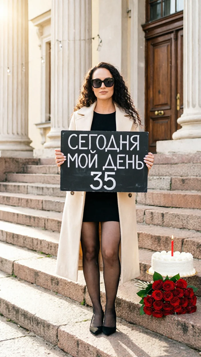 Фотосессия на ступенях с девушкой в кремовом пальто и табличкой «СЕГОДНЯ МОЙ ДЕНЬ» с числом 35