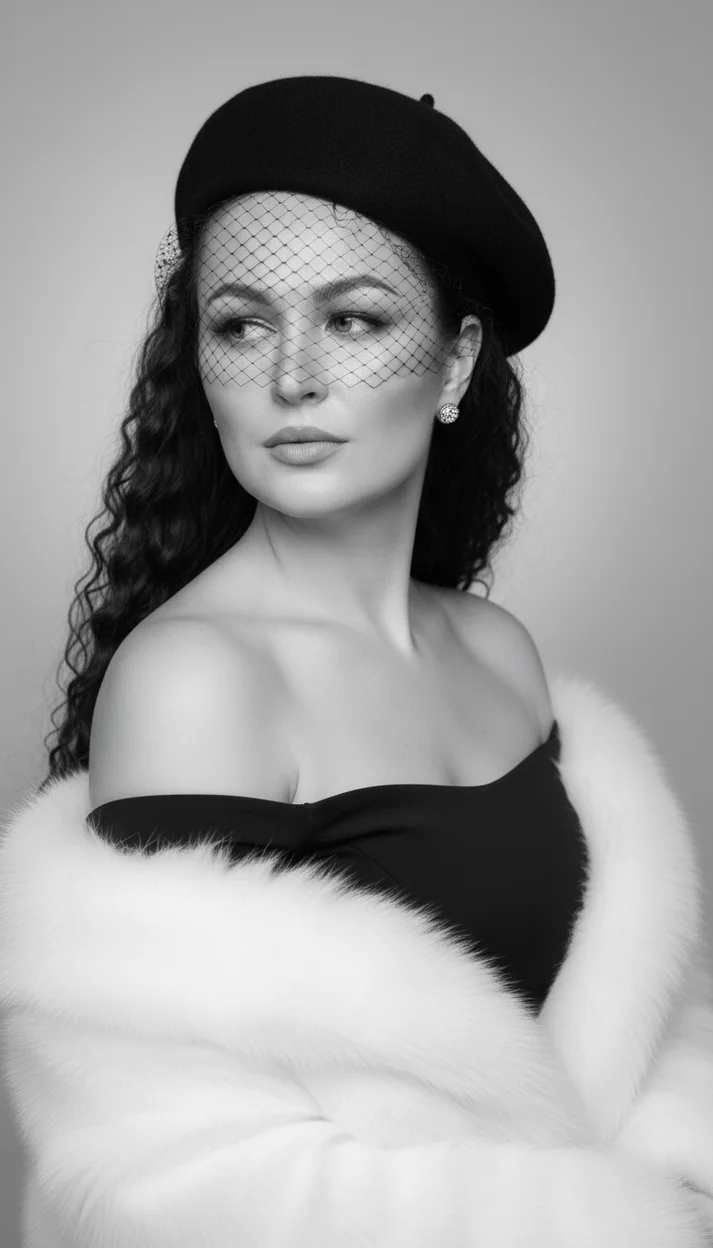  Женщина в студии в берете с вуалью