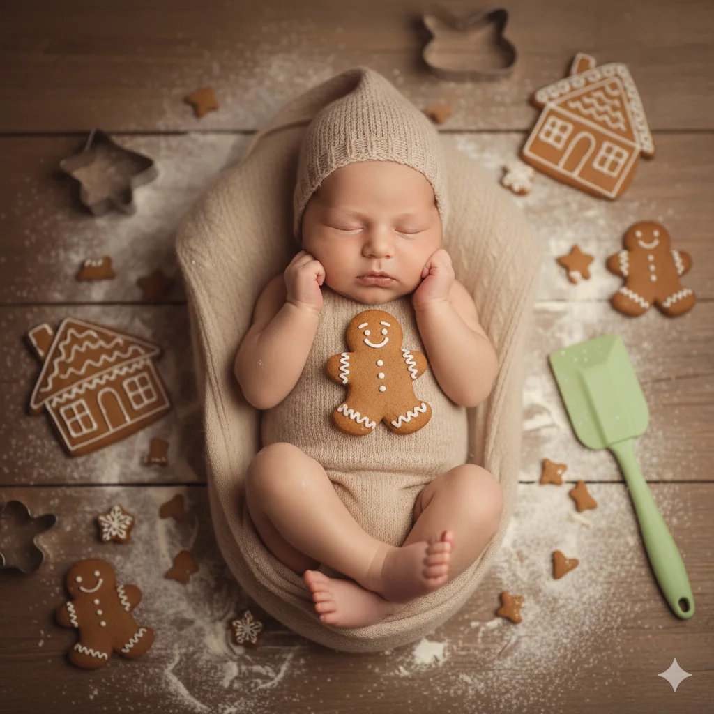 На груди у малыша лежит имбирный пряник-человечек с белой глазурью.