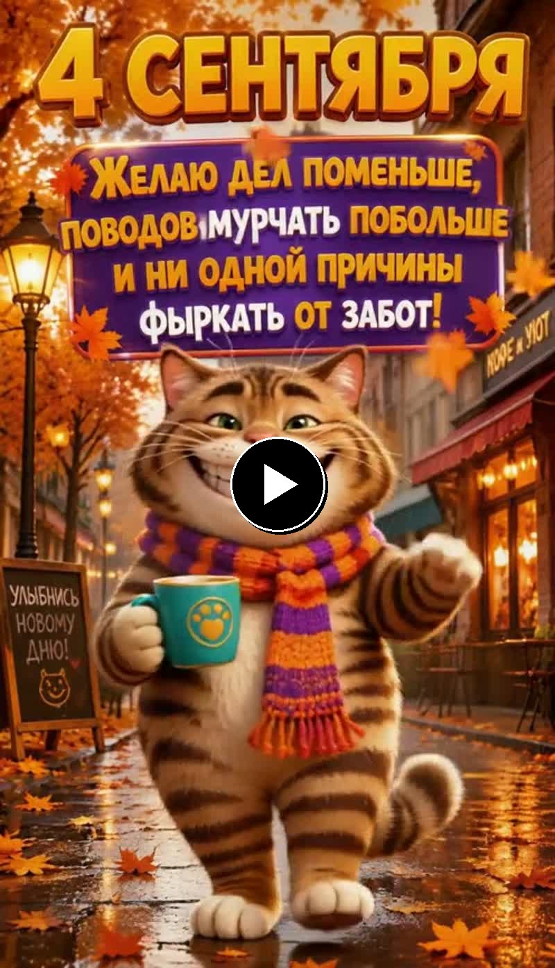 Видео открытка 4 сентября с пожеланиями от кота Фазилио