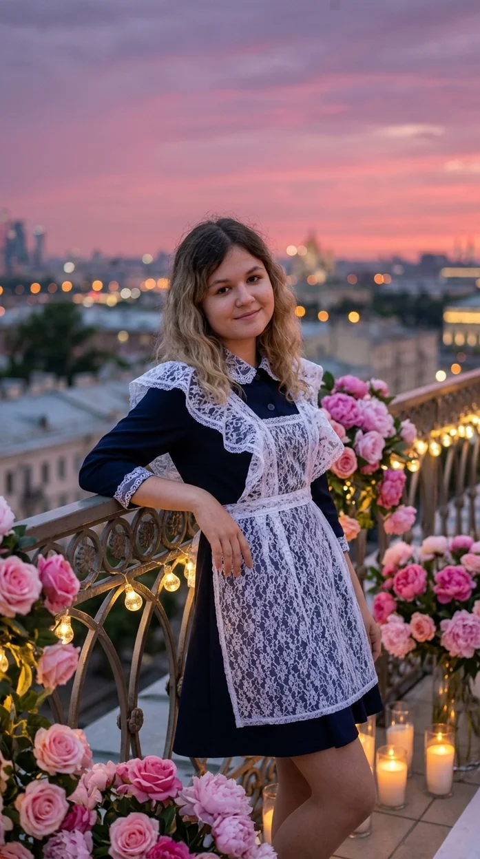 evening-сцена на уютной террасе с видом на ночной город   в школьной форме 