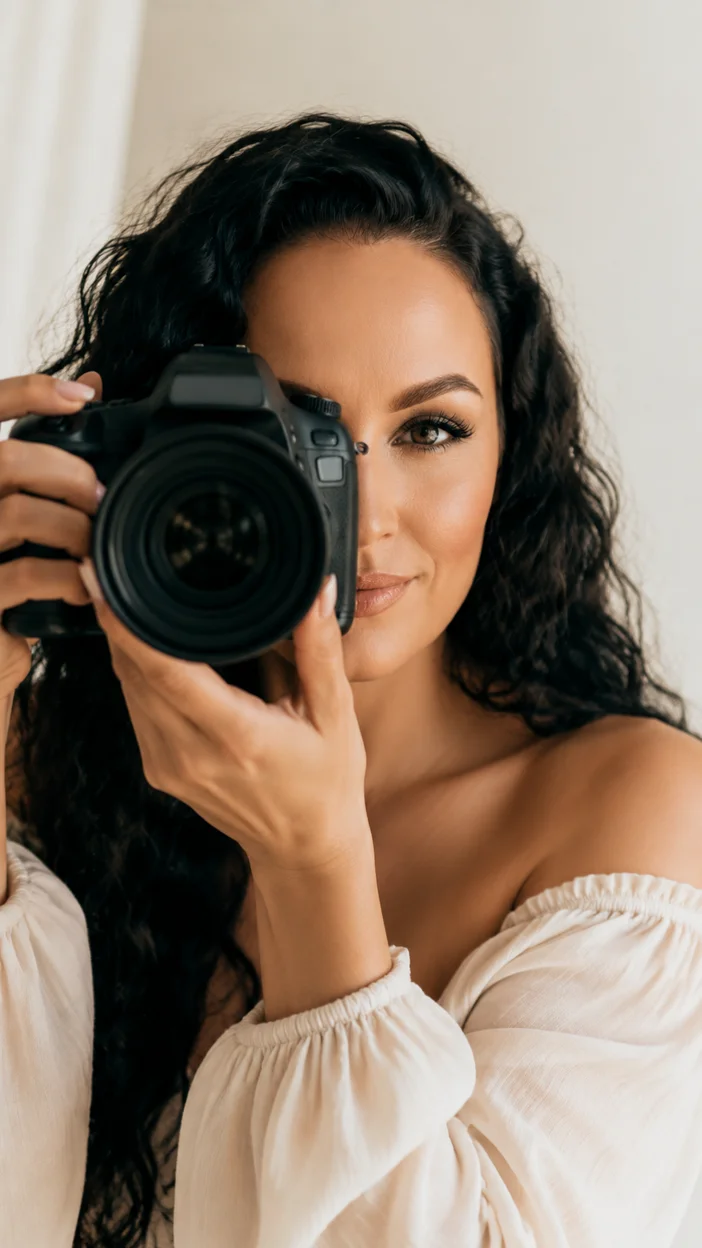 Фотосессия девушки с фотоаппаратом в светлой студии