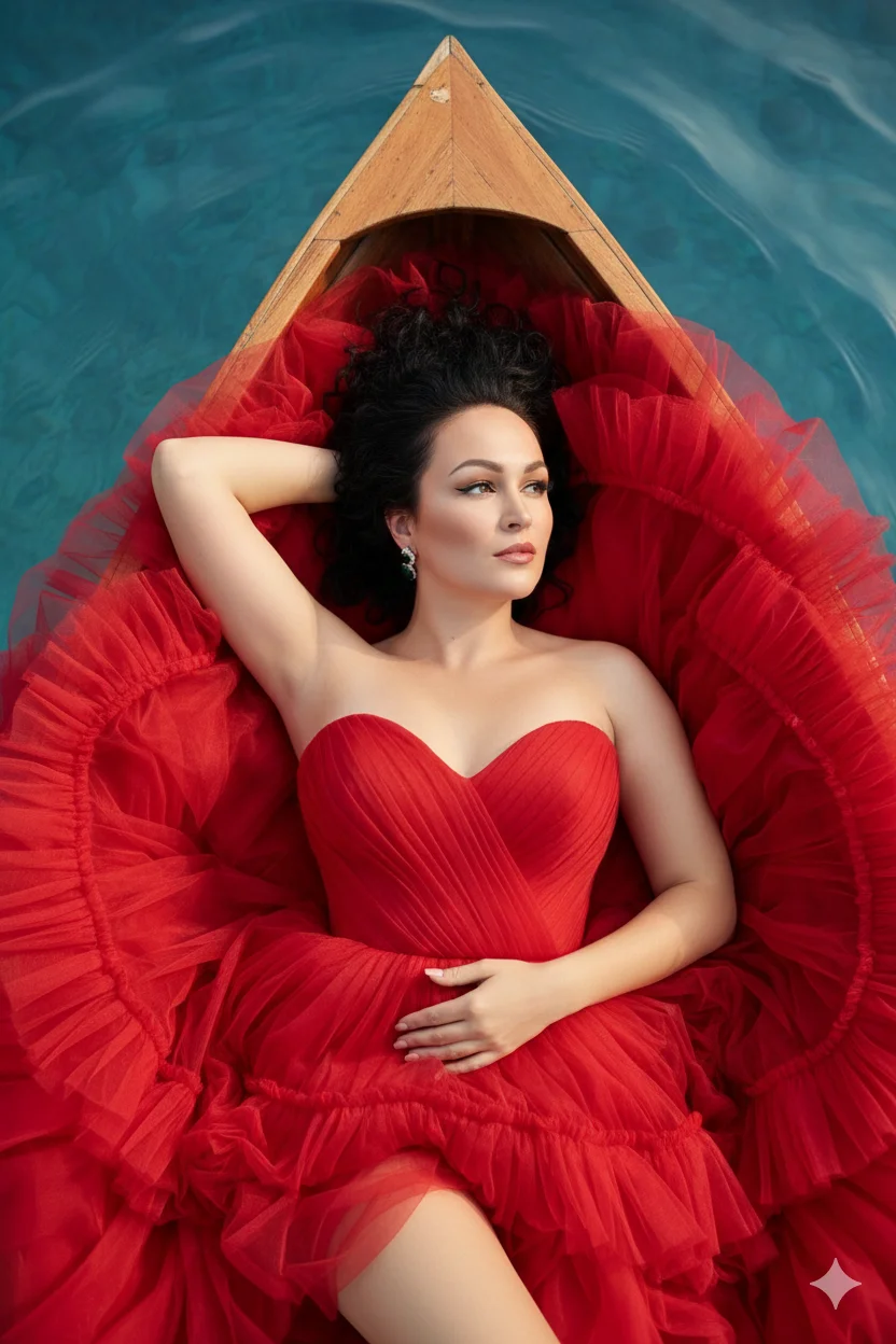 Женщина в объёмном красном платье лежит в лодке