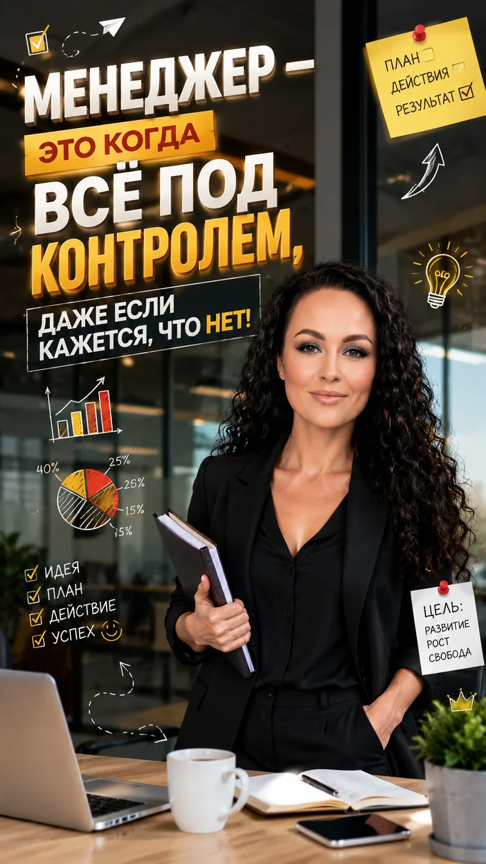 Фотооткрытка для женщины с поздравлением "МЕНЕДЖЕР — ЭТО КОГДА ВСЁ ПОД КОНТРОЛЕМ, ДАЖЕ ЕСЛИ КАЖЕТСЯ, ЧТО НЕТ!"