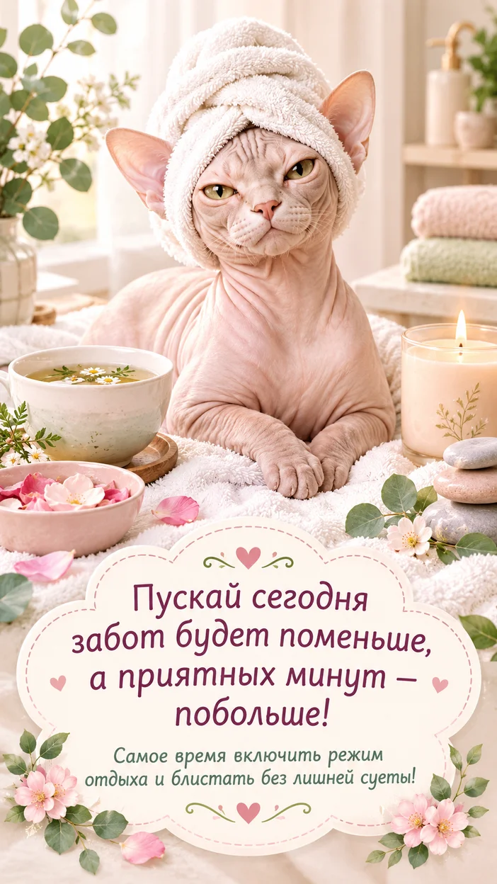 Фотосессия стильной открытки с кошкой сфинкс в спа