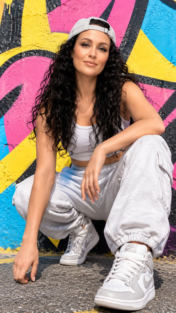 Фотосессия на корточках у яркой стены с граффити — девушка в укороченном топе, светлых джоггерах и кепке назад, низкая камера, выразительная обувь
