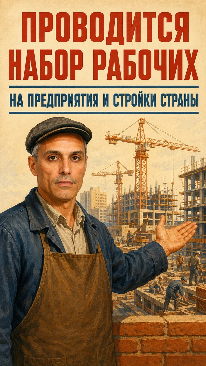 Фотосессия рекрутёра-работника у стройки с призывом о наборе