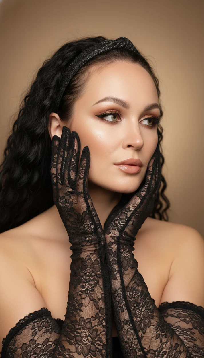  Девушка в чёрных кружевных перчатках крупный портрет