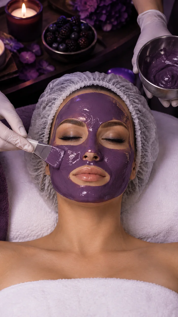 Фотосессия фиолетовая SPA-маска на лице в профессиональном кабинете, специалист в перчатках