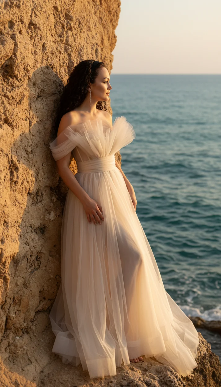  Женщина стоит у скалистого обрыва у моря в пышном кремовом тюлевом платье