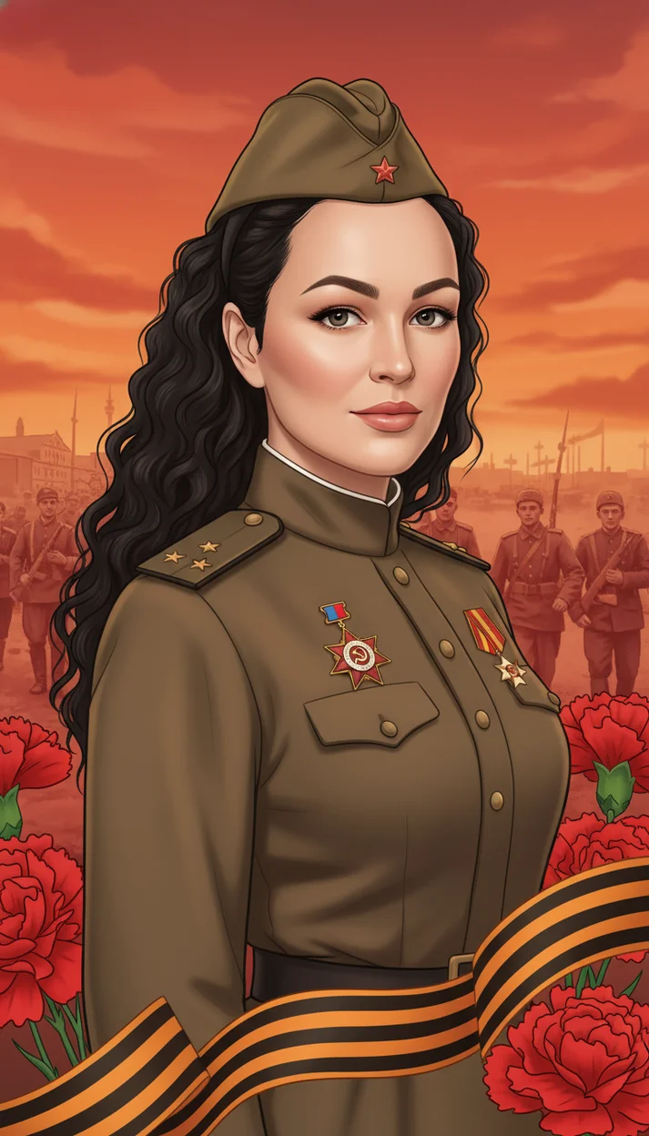 Праздничная иллюстрация ко Дню Победы с девушкой в военной форме