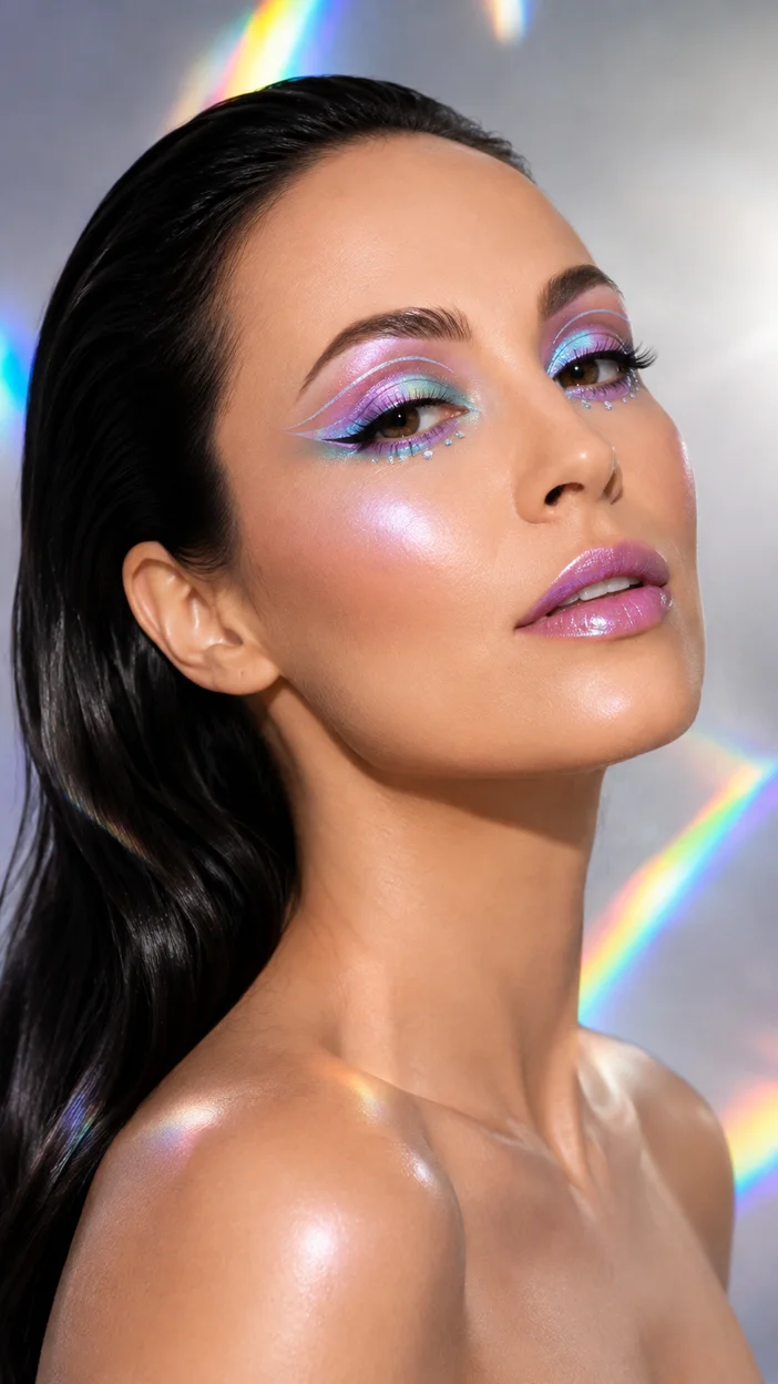 Фотосессия футуристичный студийный beauty с голографическим макияжем