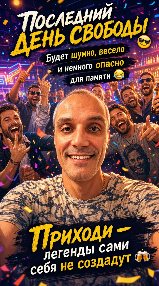 Приглашение на мальчишник с вашим фото ИИ 