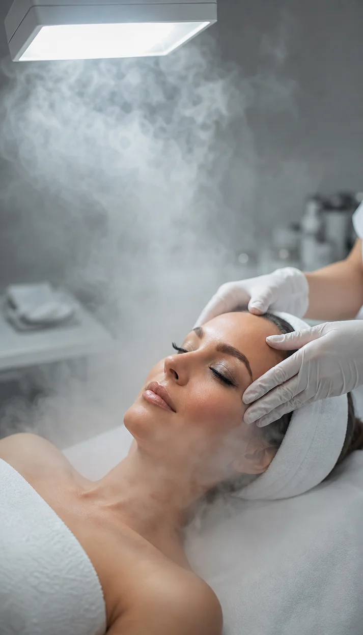 Фотосессия паровая SPA-процедура — атмосферный кадр с густым косметическим паром и массажем висков