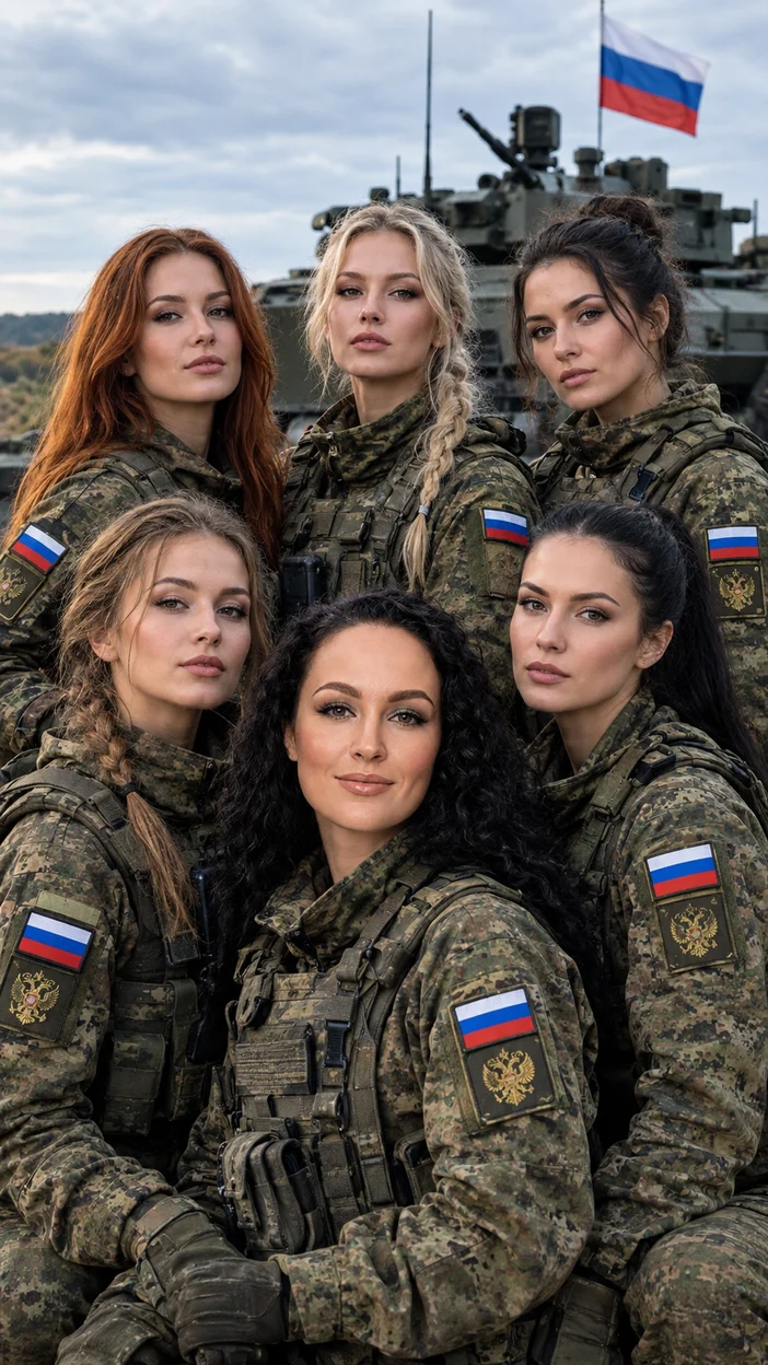 Фотосессия групповой военный портрет — шесть девушек в русской форме