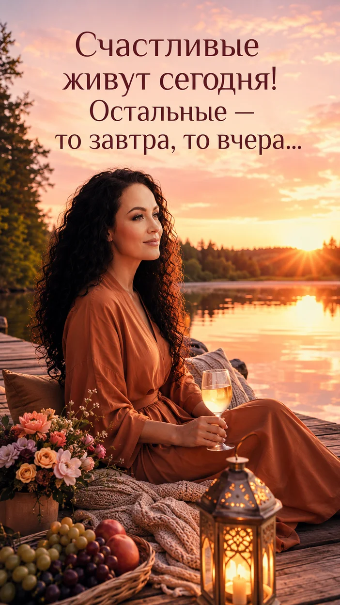 Фотосессия женщины на пикнике у озера — текст «Счастливые живут сегодня! Остальные — то завтра, то вчера…»