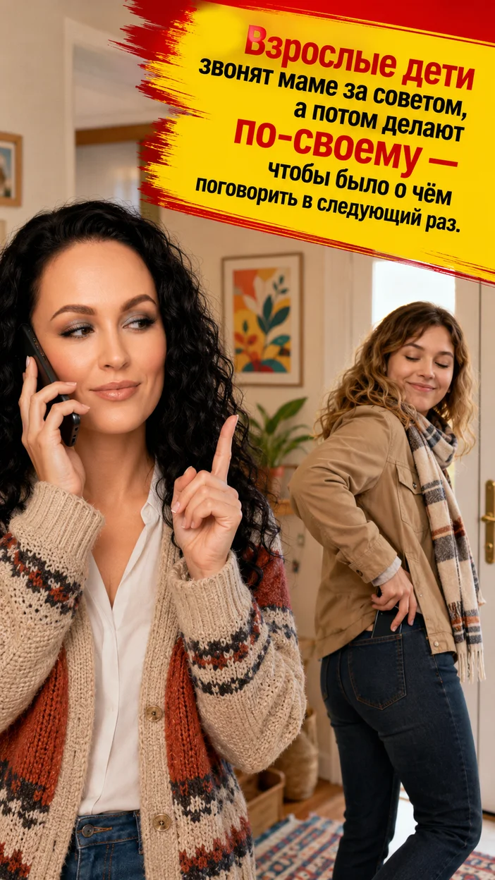 Фотооткрытка для мамы с текстом "Взрослые дети звонят маме за советом, а потом делают по‑своему — чтобы было о чём поговорить в следующий раз."