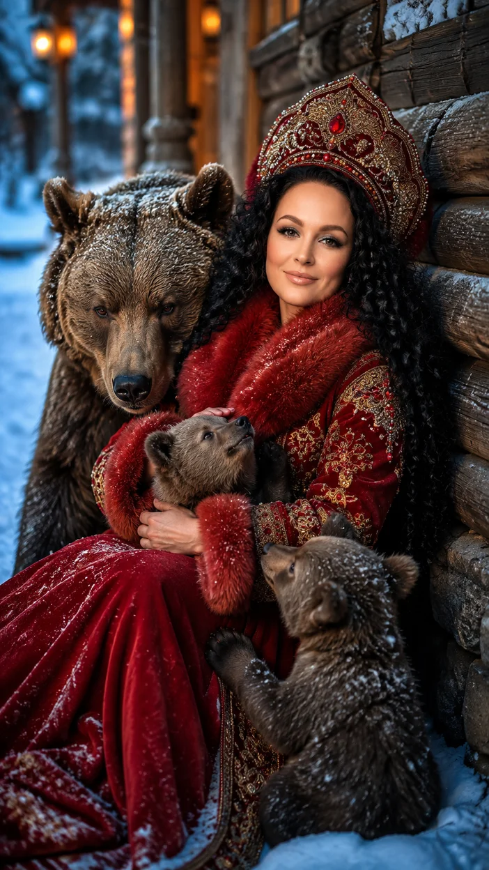 Фотосессия у деревянного дома с медведями