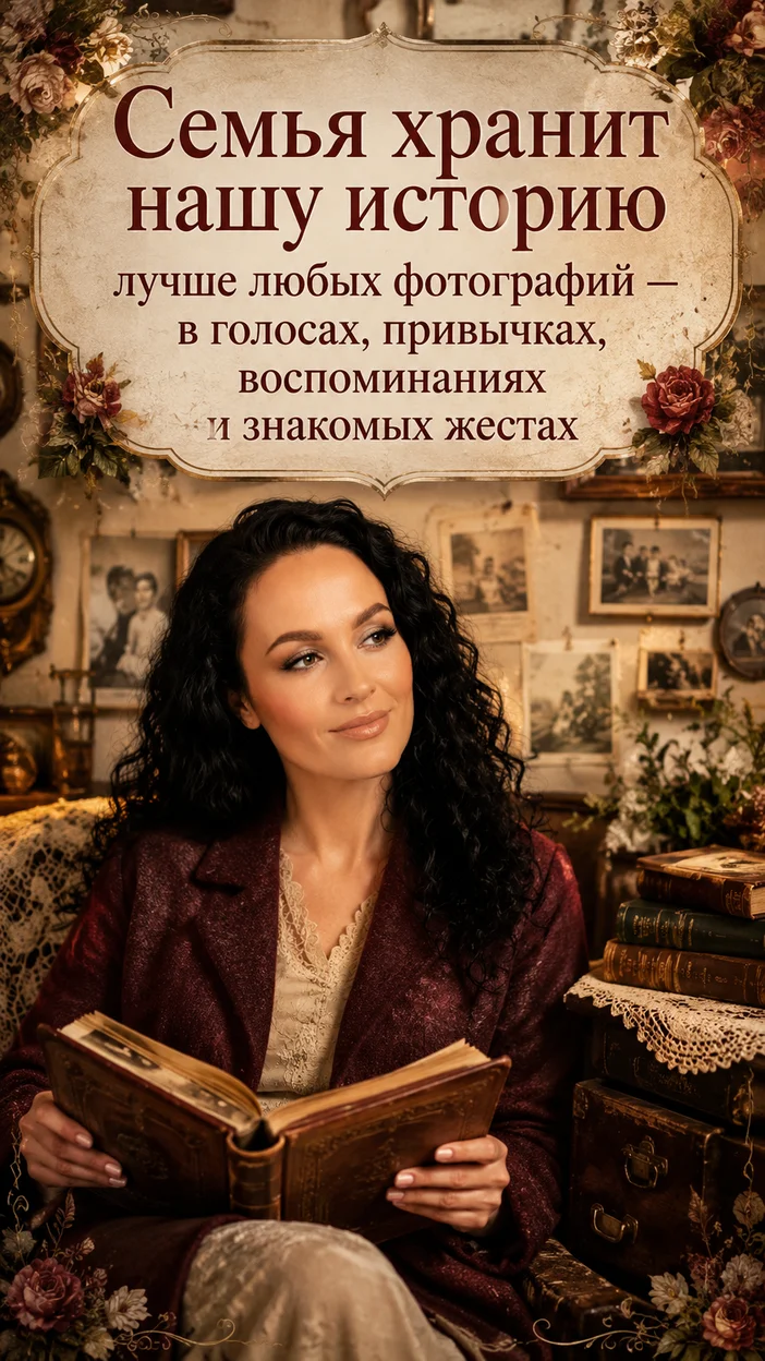 Фотооткрытка для родных с текстом "Семья хранит нашу историю лучше любых фотографий — в голосах, привычках, воспоминаниях и знакомых жестах"