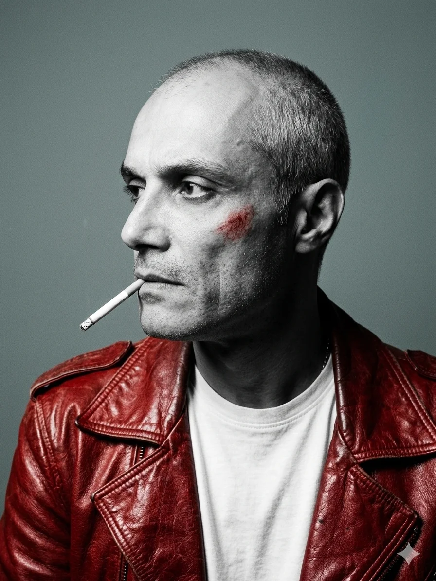 Мужчина в красной кожаной куртке с сигаретой