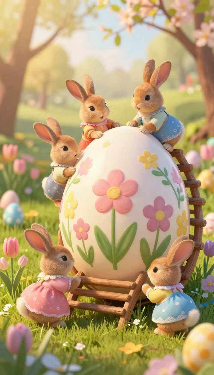 Пасхальная сцена с кроликами и украшенным яйцом