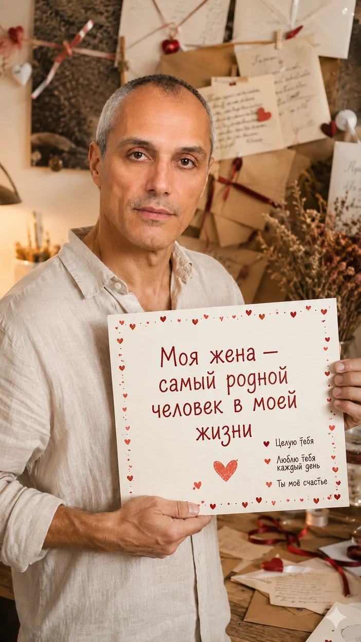 Фотосессия мужчина в рубашке с любовным письмом на крафтовом фоне