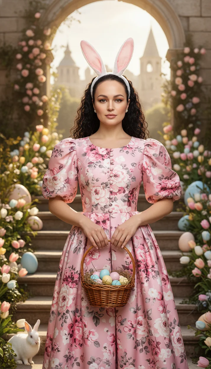 Женщина в розовом цветочном платье с кроличьими ушами стоит на каменной лестнице в цветочном пасхальном саду