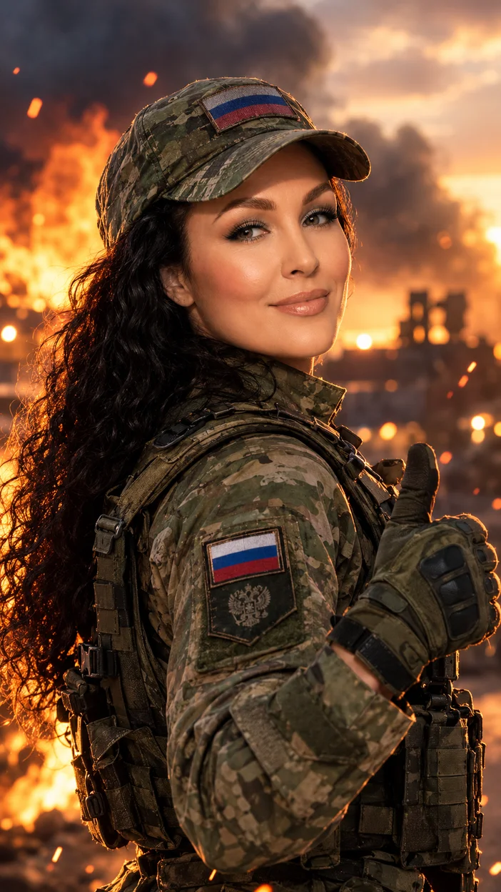 Фотосессия у огня — кинематографичный портрет девушки в русской военной форме с пламенем на фоне