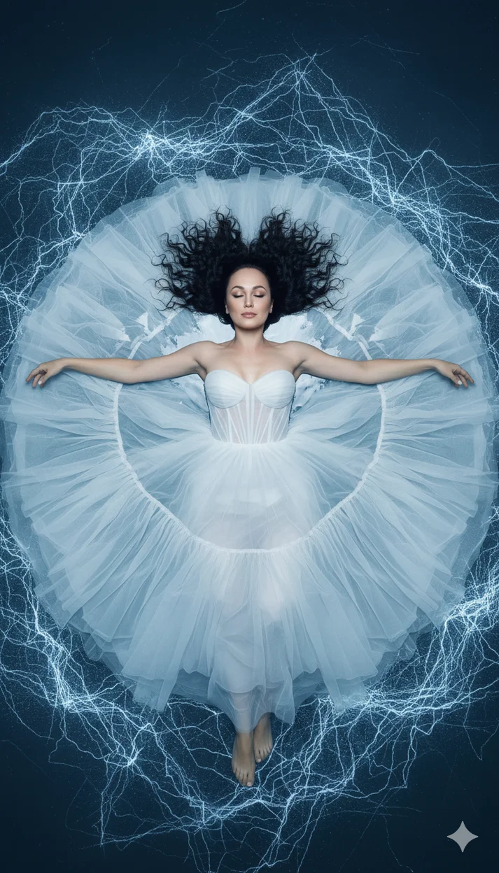 Девушка в белом пышном платье лежит в воде вид сверху