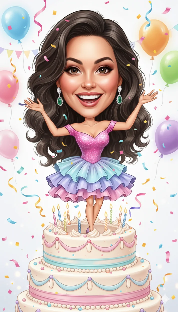 Весёлая женщина в праздничной сцене выныривает из большого праздничного торта ШАРЖ открытка 