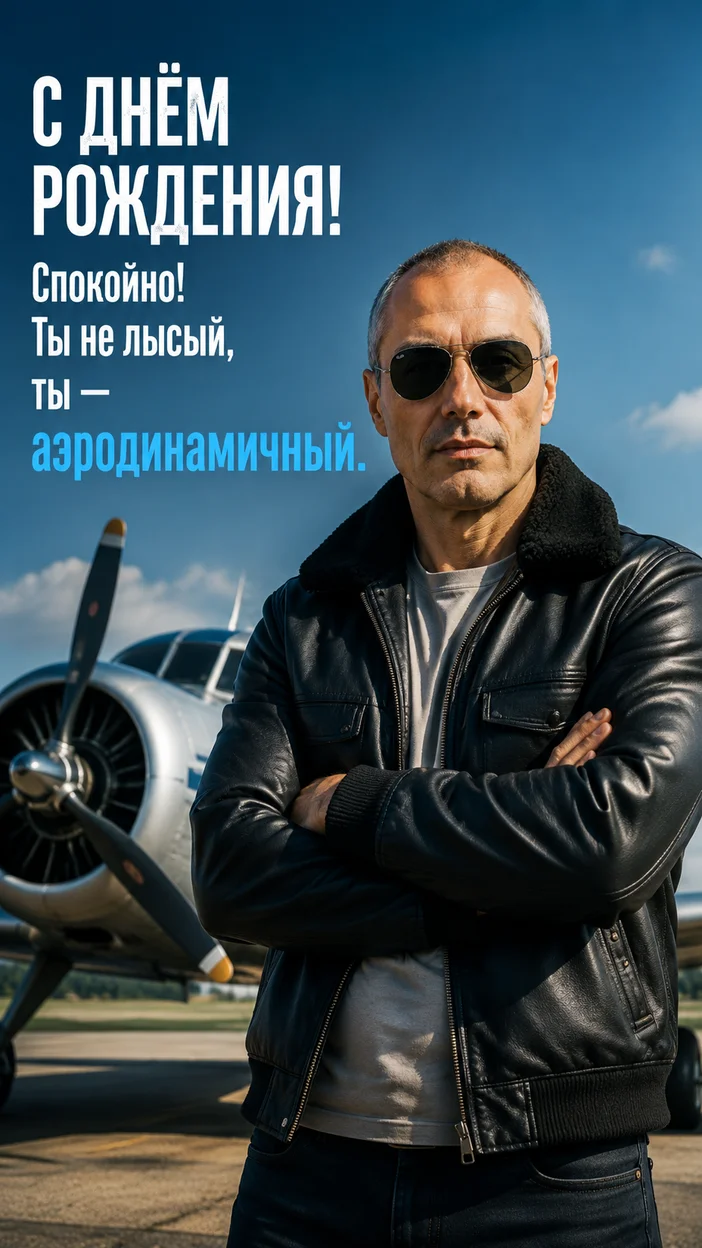 Фотосессия брутального пилота у самолёта - Открытка с пожеланием на ДР