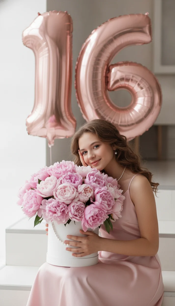  Фотосессия на 16 лет с огромным букетом и шарами 16