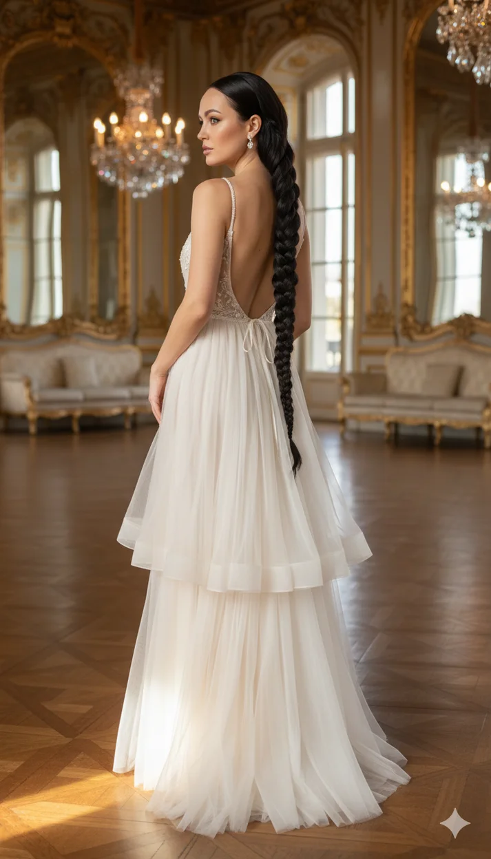 Девушка в кремовом пышном платье в роскошном зале с длинной косой - замена прически 