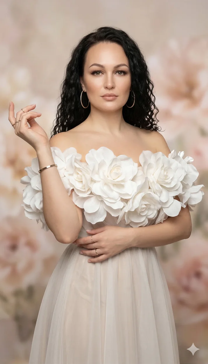 Женщина в белом платье из объёмных тканевых цветов стоит на мягком цветочном фоне