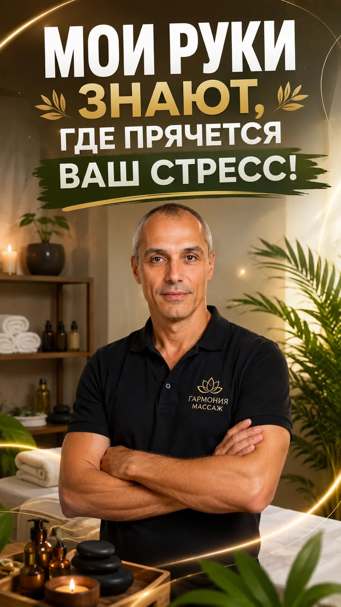 Фотооткрытка массажисту с пожеланием "МОИ РУКИ ЗНАЮТ, ГДЕ ПРЯЧЕТСЯ ВАШ СТРЕСС!"