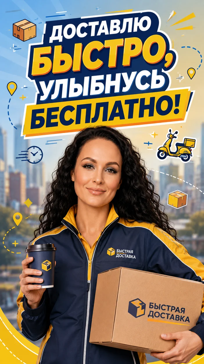 Фотооткрытка курьерше с поздравлением "ДОСТАВЛЮ БЫСТРО, УЛЫБНУСЬ БЕСПЛАТНО!"
