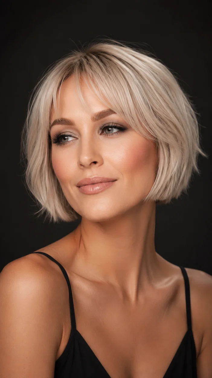 Фотосессия девушки в коротком платиново-бежевом бобе на тёмном фоне