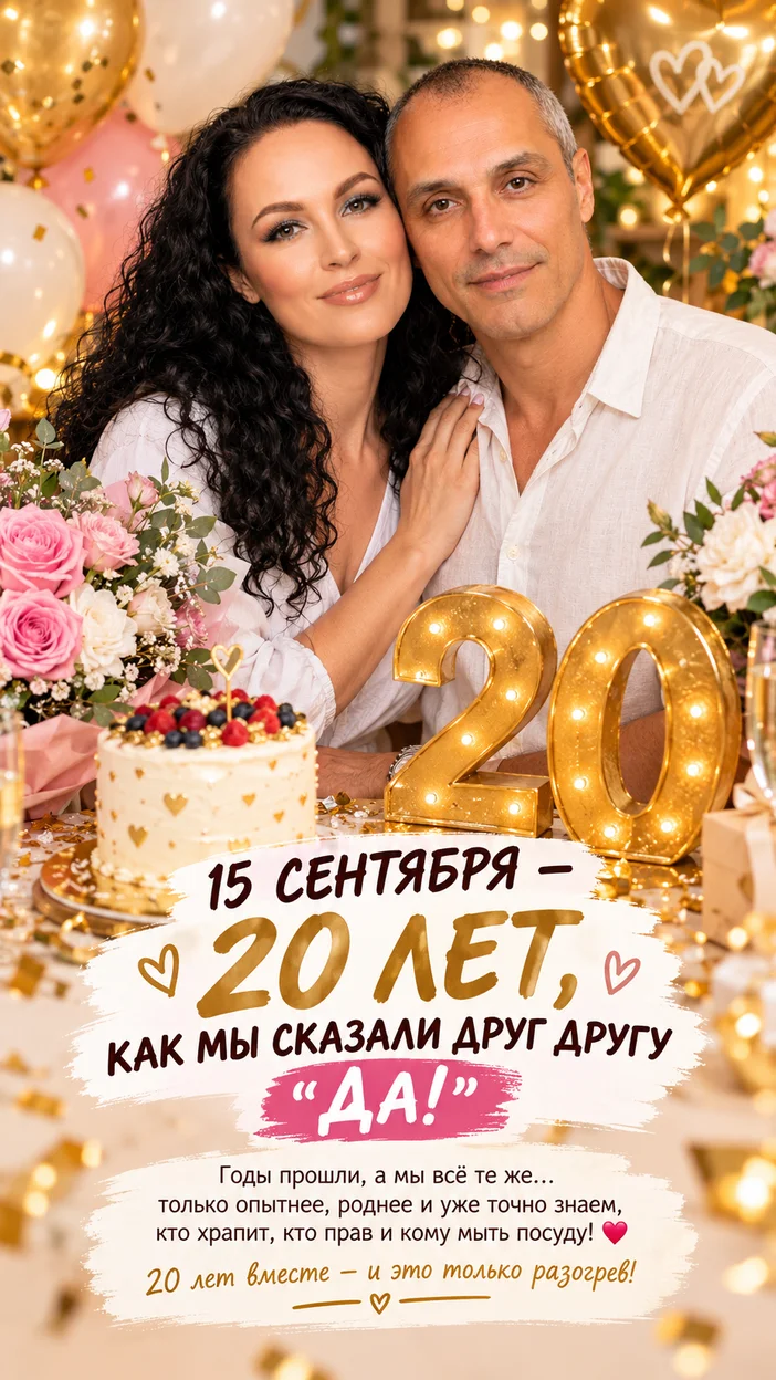 Фотосессия юбилейная открытка 20 лет вместе — муж и жена в обнимку у торта с цифрой 20, золотое конфетти и воздушные шары, праздничные цветы, сияющие огоньки, стиль Pinterest, указана дата 15 сентября