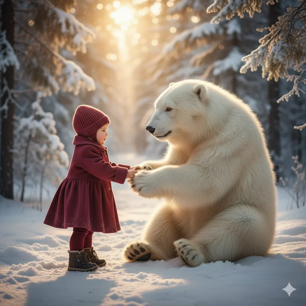 Малыш в бордовом пальто держится за лапы белого медведя в зимнем лесу