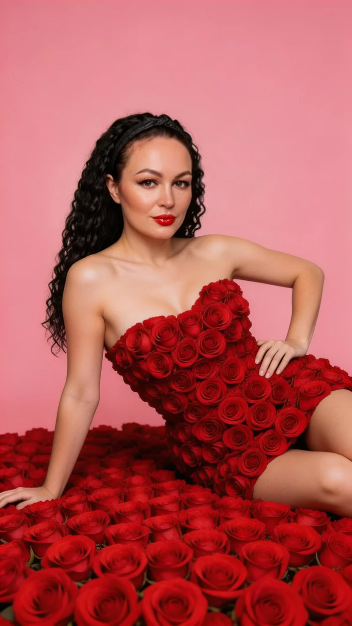  Девушка в студии на розовом фоне в образе из красных роз