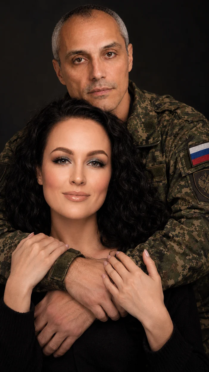 Фотосессия студийный тёмный портрет мужчина в русской военной форме обнимает женщину спереди — руки на груди