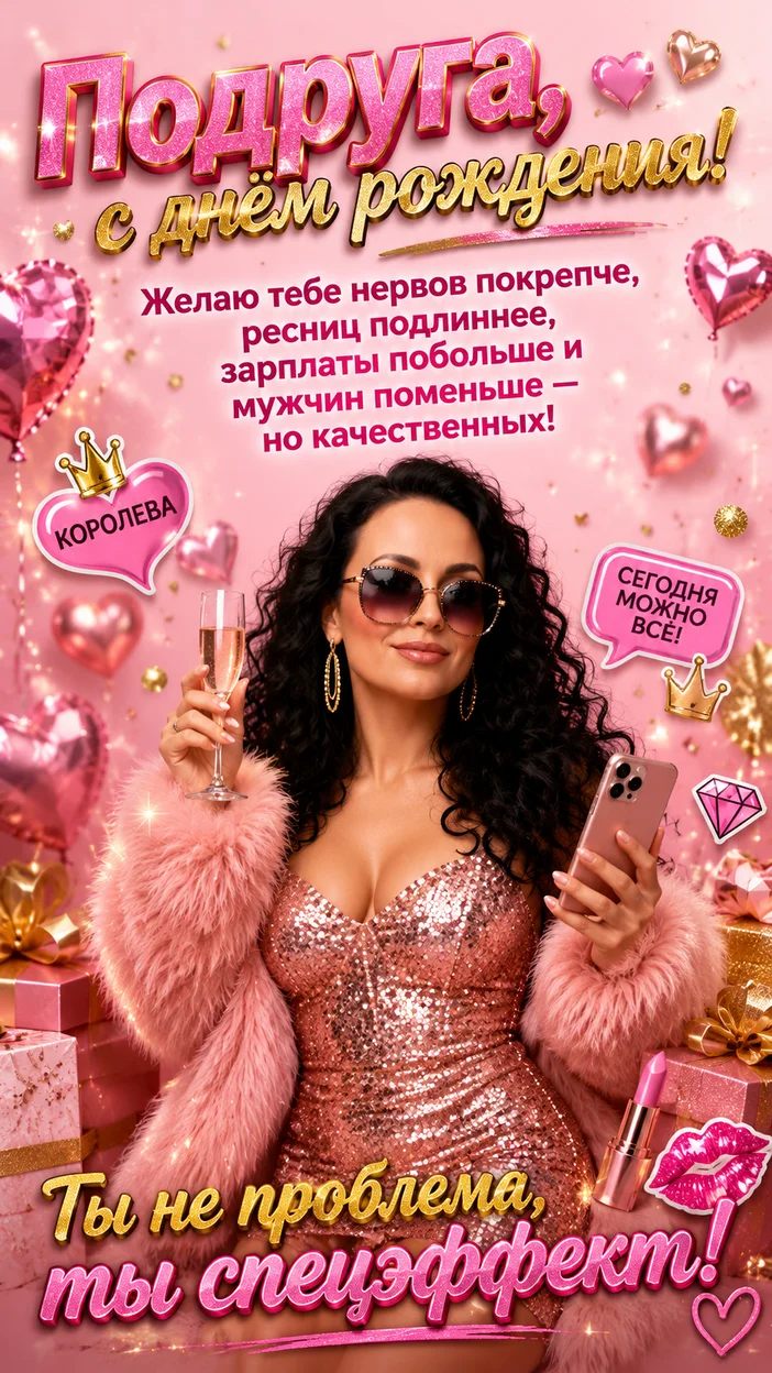 Фотосессия гламурной подруги с надписью «Подруга, с днём рождения!»