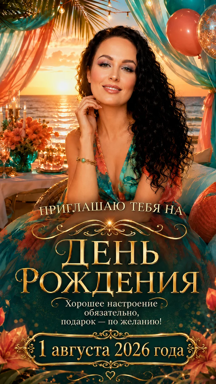 Пригласительная с датой и фото на день рождения с ИИ (укажи дату )