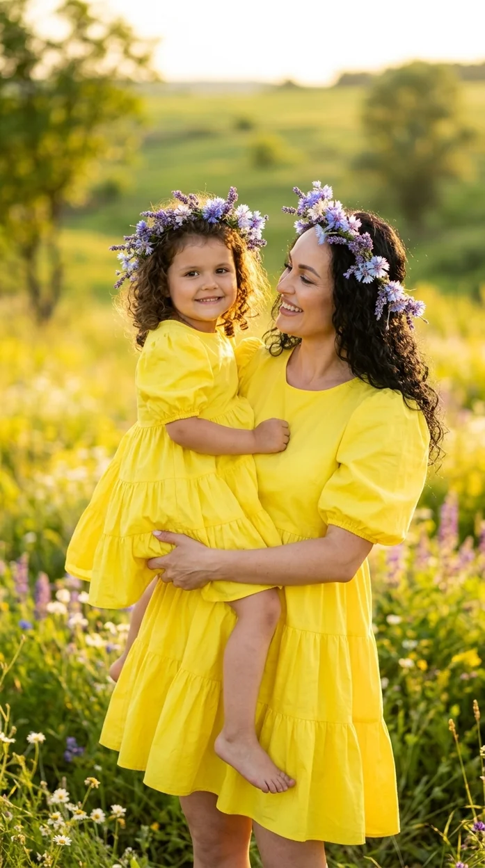  Яркая фотосессия мамы с девочкой в жёлтых платьях